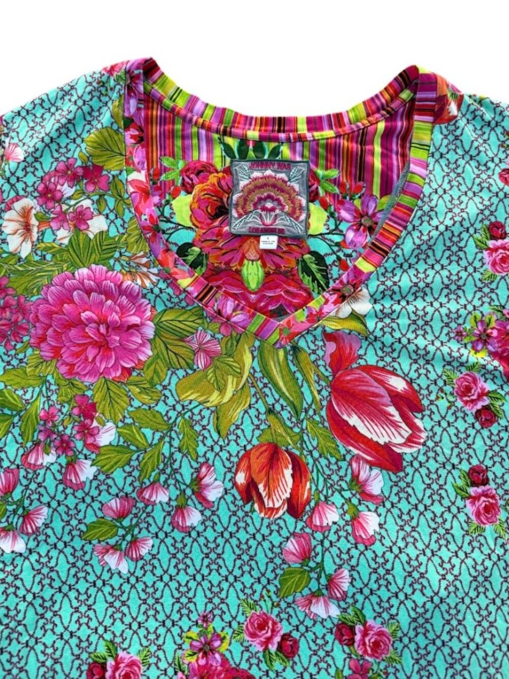 Johnny Was Floral Bamboo V-Neck Bohemian Jersey Top | Women’s Size L - Picture 6 of 13